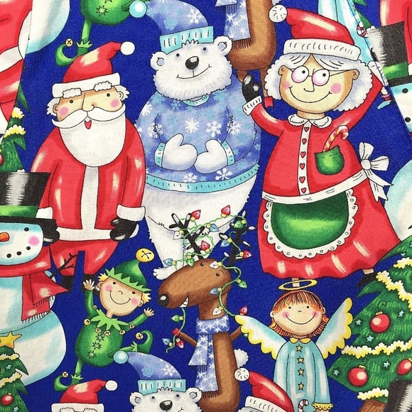 Santa Mrs Claus Scrub Top Christmas Elves Trees Reindeer Holiday Fun - Picture 5 of 6